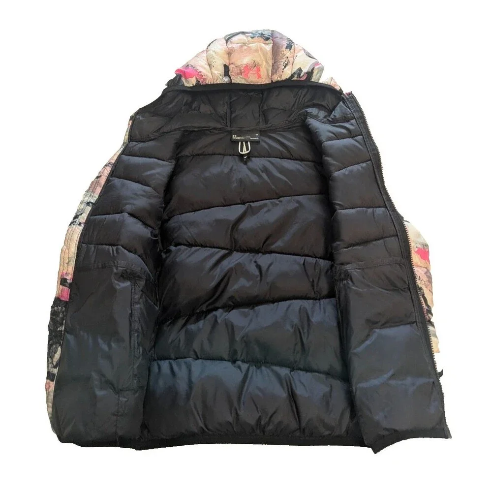 Under Armour Girls 6X Cold Gear Puffer Jacket Hooded Neon Pink Black Abstract